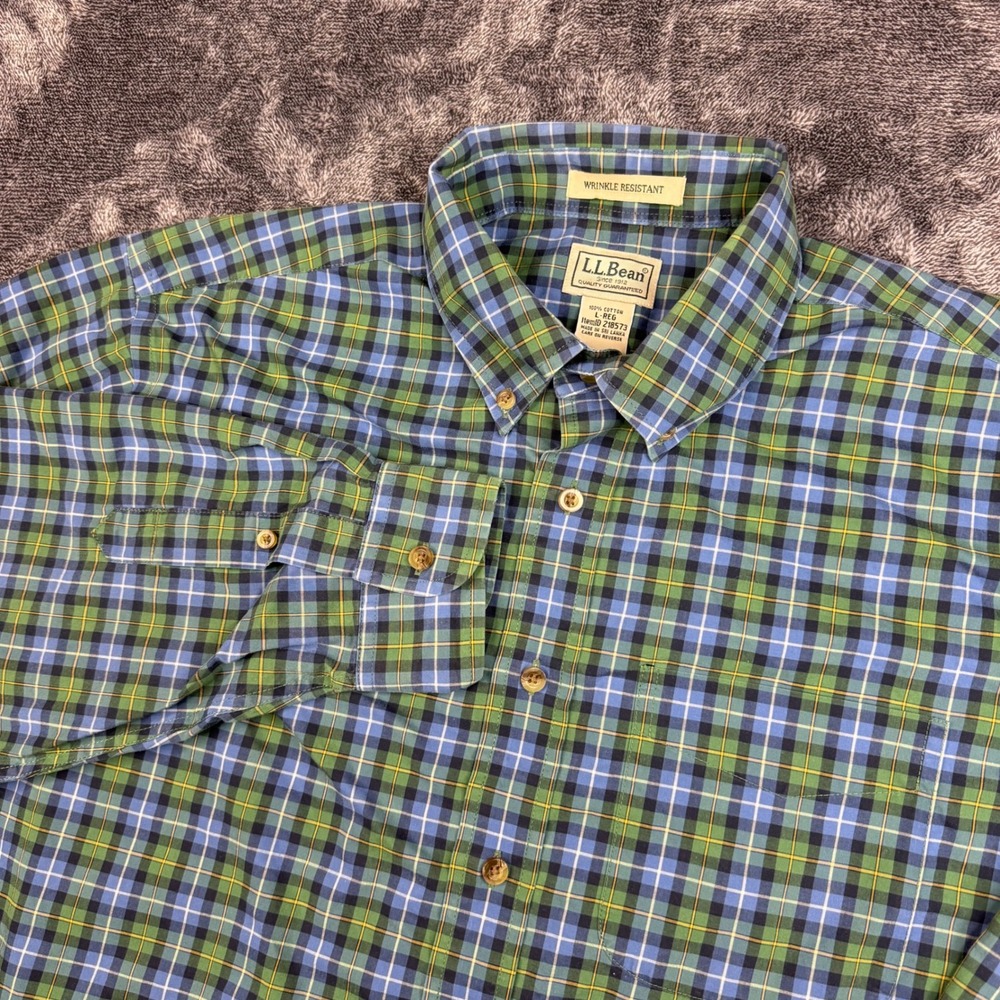 L.L.Bean Shirt Mens L Green Blue Plaid Wrinkle Resistant Button Down 218573